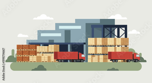 Industrial warehouse with trucks and stacked boxes for logistics.