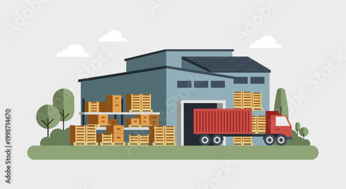 Industrial Warehouse with Shipping Truck and Pallets.