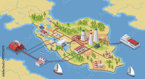 Iran map with industrial infrastructure and energy production facilities.