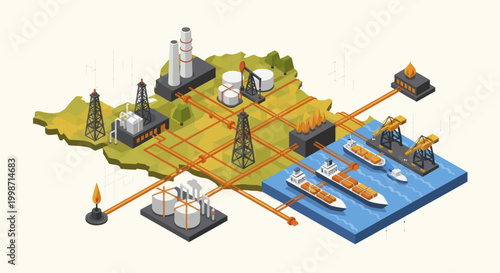 Isometric Map of Oil and Gas Industry Infrastructure.