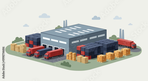 Isometric view of a large industrial warehouse with multiple trucks.