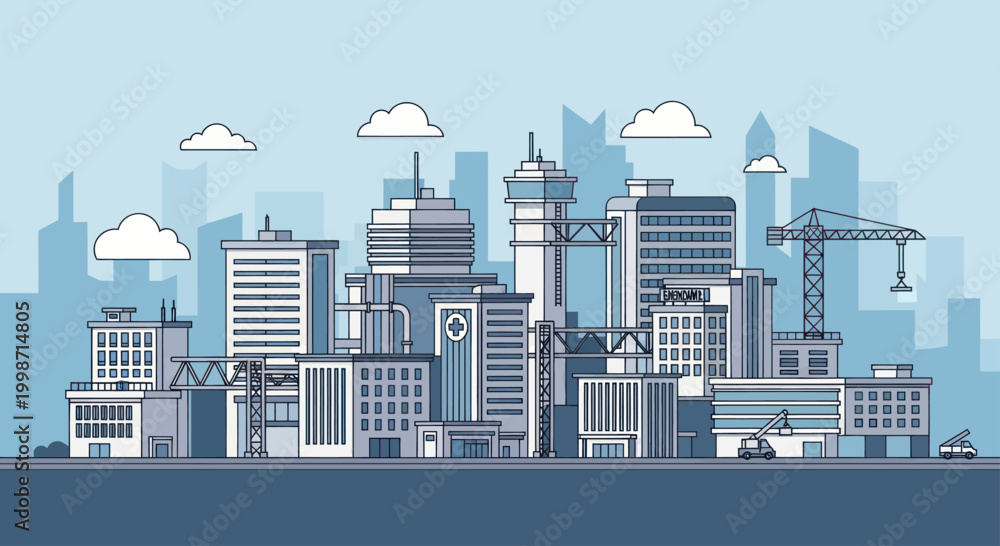 Fototapeta premium Modern Cityscape with Skyscrapers and Urban Buildings.