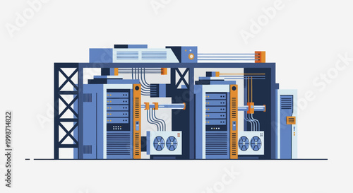 Modern Data Center Server Racks and Cooling Systems Illustration.