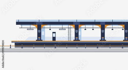 Modern Empty Train Station Platform with Overhead Structure and Lighting.