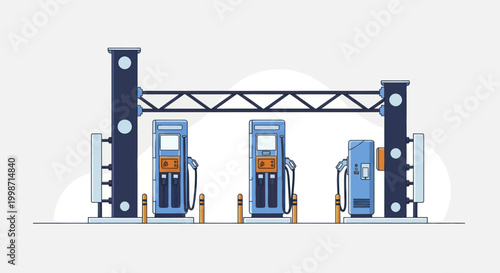 Modern Gas Station with Multiple Fuel Pumps and Canopy Structure.