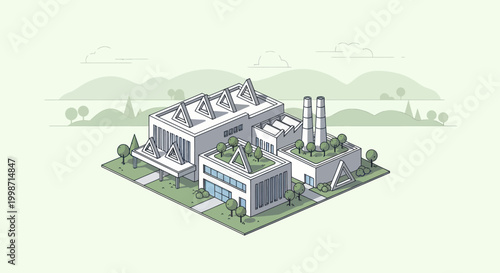 Modern Green Energy Power Plant with Solar Panels and Wind Turbines.