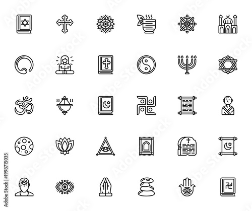 Spirituality icon set. Vector symbols pack. Includes Torah, Cross, Chakra, Meditation, Yin Yang, Om, Quran, Lotus and more. Editable stroke.