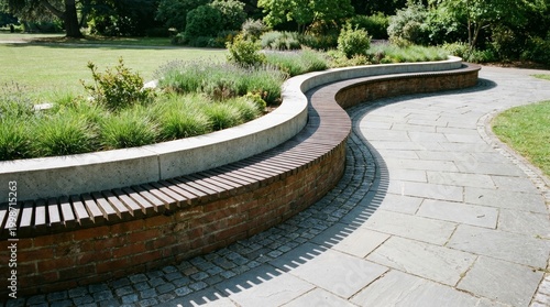 curved outdoor wooden and brick bench integrated with a raised landscaping planter along a stone paved walkway in a sunny green public park.