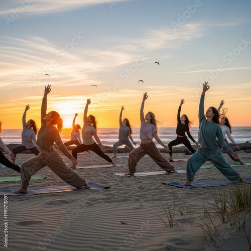 Group of People Practicing Yoga on the Beach at Sunset.