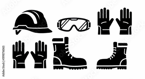 Collection of Black and White Safety Gear Icons.