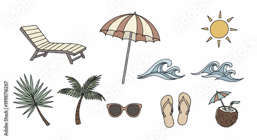 Collection of Summer Beach Vacation Elements.