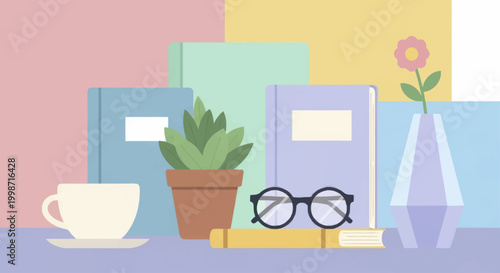 Cozy Reading Nook with Books, Plant, Coffee, and Glasses.