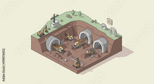 Cross section of underground animal burrows with tunnels and entrances.