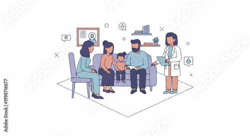 Family consulting with a doctor or therapist in an office setting.
