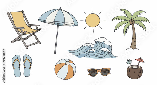 Hand-drawn summer beach vacation essentials collection with various holiday items.