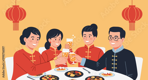 Joyful family reunion dinner with a celebratory toast and shared moments of happiness