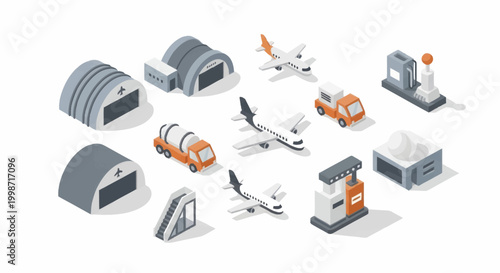 Isometric Airport Elements Set with Airplanes, Hangars, and Ground Support Vehicles.