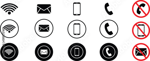 Communication And Connectivity Icon Set With Phone, Email, Wi‑Fi And No‑Phone Symbols