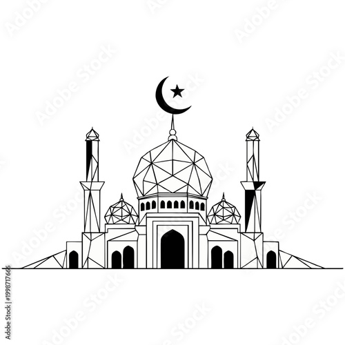 Elegant geometric mosque illustration featuring a crescent moon and star on its main dome, representing Islamic architecture and prayer.