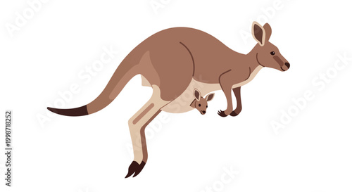 Vector Illustration of a Mother Kangaroo with a Joey in Her Pouch Isolated on White Background