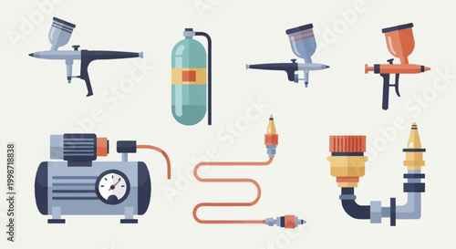 Airbrush equipment set with compressor, tank, and various spray guns for painting.