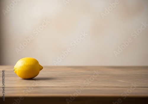 Bright Yellow Lemon Resting on Wooden Surface Minimalist Composition.