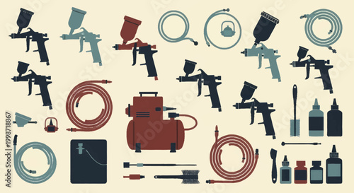 Airbrush Equipment Set with Spray Guns Hoses Compressor and Paint Bottles.