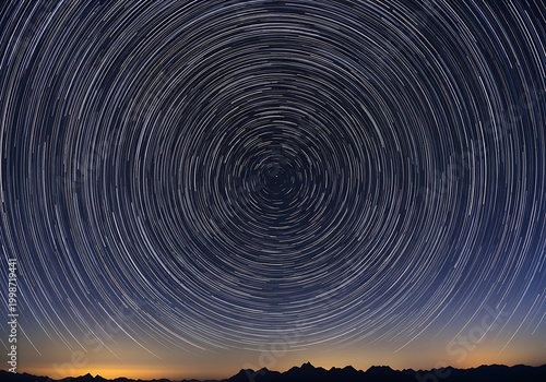 Long Exposure Night Sky Star Trails Over Horizon.