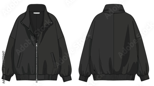 Casual Black Zip Up Bomber Jacket Vector Illustration Front and Back View Fashion Technical Sketch Mockup