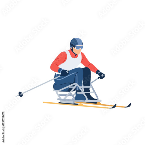 Flat vector illustration of a male athlete with a disability using a sit-ski and outriggers. He wears a red racing bib, blue helmet, and goggles, isolated on white background for winter para-sports.