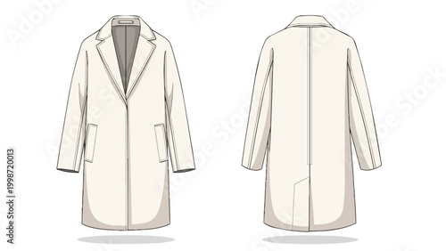 Minimalist Cream Overcoat Technical Fashion Flat Sketch, Front and Back View Vector Illustration Template