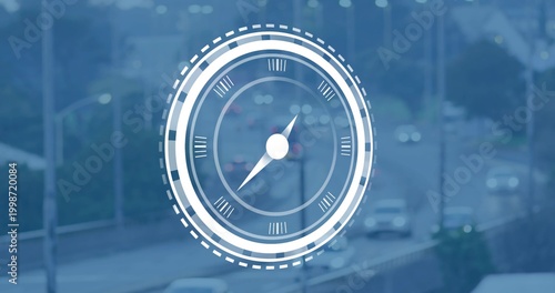 Displaying white circular compass HUD overlaying center of blurred highway, showing cars
