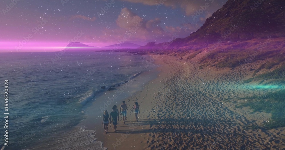 Fototapeta premium Walking five adults in beachwear barefoot leaving footprints on wet sand at twilight, calm waves