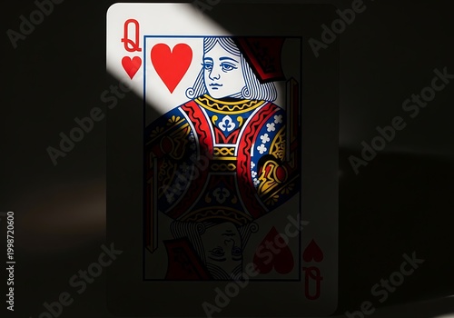 Close-up of Queen of Hearts Playing Card with Reflection.