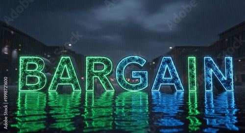 Neon Bargain Sign Reflected Water Night.