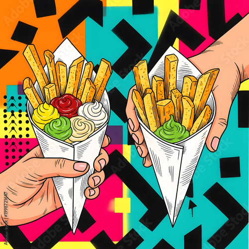 Pop Art Style Illustration of Fast Food: Hamburger, Fries, and Condiments.