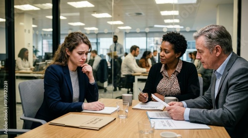 Three business professionals conducting private meeting in modern glass office with notebooks and documents. Corporate mentoring, performance review, HR interview.