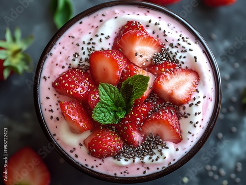 Strawberry yogurt and chia seeds, mint leaves on top.