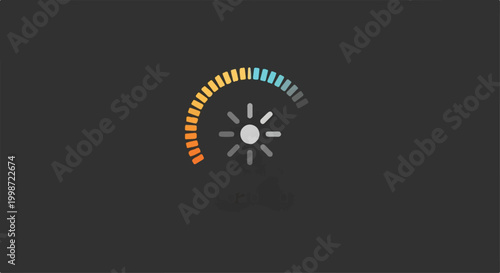 Minimalist brightness control icon, digital screen light adjustment slider, sun symbol with orange and blue level indicator on dark background