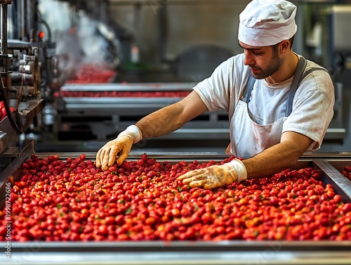 Male worker are sorting strawberries in a factory for making jam.