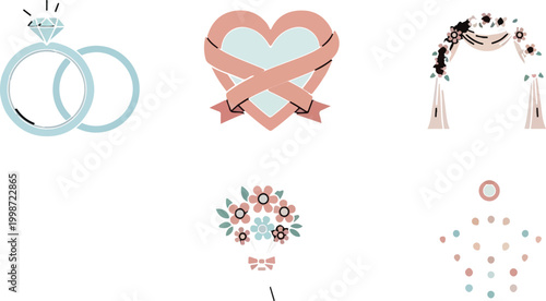 Elegant wedding icon set with diamond rings and floral arch, romantic marriage ceremony symbols in pastel pink and blue, bridal bouquet and heart vector