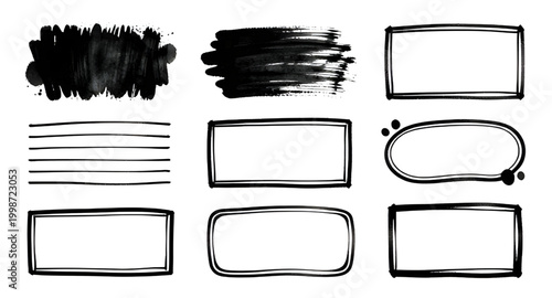 hand drawn doodle frames, sketch border set, brush stroke collection, decorative doodle elements, scribble frame design, artistic border graphics, black ink doodles, abstract brush strokes, notebook s
