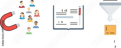 Lead generation marketing icons, customer acquisition magnet and sales funnel vector, business data analysis and lead management set