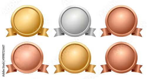 award medal set, gold silver bronze badges, first second third prize, winner medal icons, blank award circles, achievement badge design, championship medals, victory emblem collection, ranking prize b