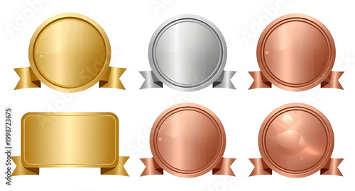award medal set, gold silver bronze badges, first second third prize, winner medal icons, blank award circles, achievement badge design, championship medals, victory emblem collection, ranking prize b