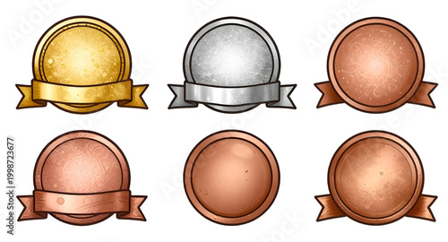 award medal set, gold silver bronze badges, first second third prize, winner medal icons, blank award circles, achievement badge design, championship medals, victory emblem collection, ranking prize b