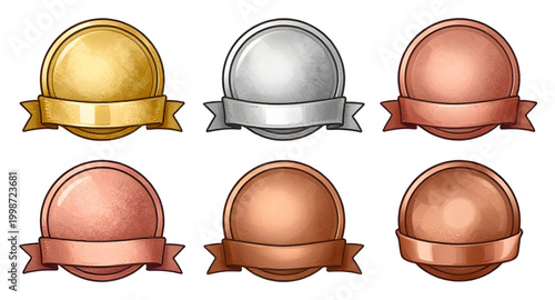award medal set, gold silver bronze badges, first second third prize, winner medal icons, blank award circles, achievement badge design, championship medals, victory emblem collection, ranking prize b