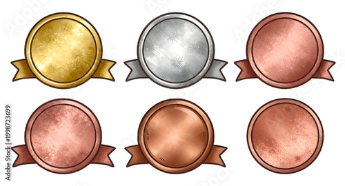 award medal set, gold silver bronze badges, first second third prize, winner medal icons, blank award circles, achievement badge design, championship medals, victory emblem collection, ranking prize b