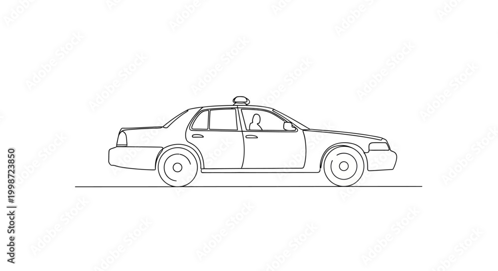 Naklejka premium Hand-drawn sketch of a classic taxi car in profile view, white background, simple line art.