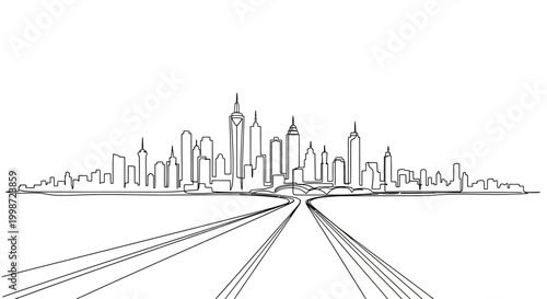 Hand-drawn city skyline with road leading to skyscrapers, minimalist black and white sketch.